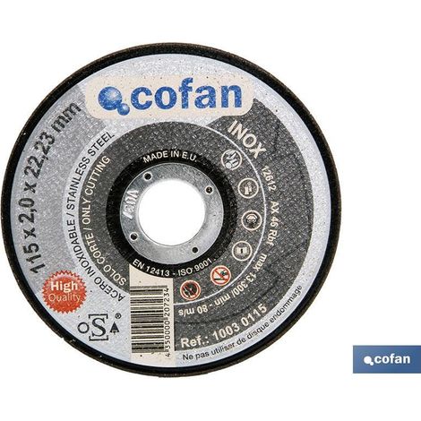 COFAN disco corte - 115x2,0x22,23 inox profes. , Discos de corte profesional (acero/acero inox) para amoladora angular. CEE (EN 12413), FEPA. Certificado según la norma uni en ISO