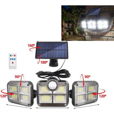 Lampe Solaire 3 Têtes 122LED Détecteur Mouvement pour Jardin Cour Extérieur Télécommande Éclairage Mural Étanche