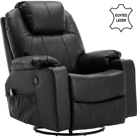M MCombo Rindleder Fernsehsessel Relaxsessel Massage Heizung USB (manuell verstellbar) (Schwarz)