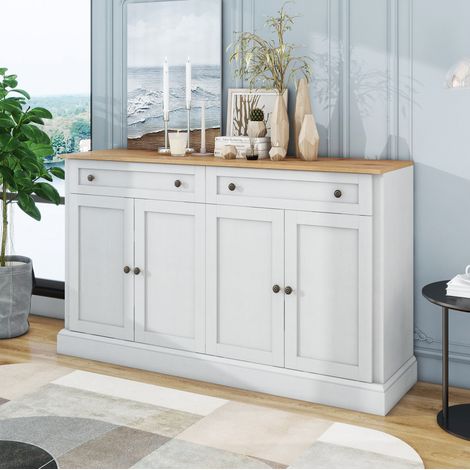 Sideboard 150x40x86 cm Weiß/Naturholz aus Spanplatte mit 4 Türen, 2 Schubladen und verstellbaren Einlegeböden (1/5)