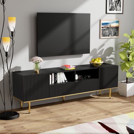 TV-Lowboard – 165 x 36 x 55 cm – Spanplatten – 2 Schubladen und 2 geriffelte Push-Open-Türen – Farben Schwarz und Gold (1/5)