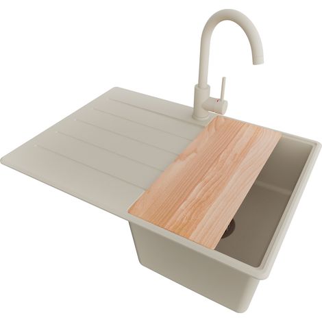 PRIMAGRAN Evier Cuisine en Granit 70x50cm, Lavabo 1 bac + Robinet 32x20cm + Kit de Vidage + Accessoire, Évier à Encastrer au meuble 40cm - Copenhague, Beige (1/5)