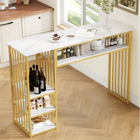 Table de bar 140x40x105 cm avec rangement, plateau aspect marbre, structure métal et doré pour cuisine - blanc (1/5)