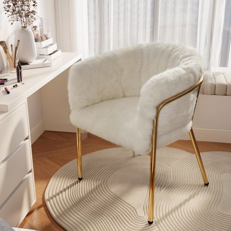 Chaise de coiffeuse – Convient au salon et à la chambre – Quatre pieds en métal – Revêtement en fausse fourrure façon lapin – 57 × 57 × 77 cm – Blanc (1/5)