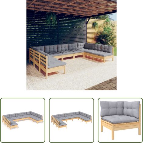 Terrassensofa - 9-tlg. Garten-Lounge-Set mit Grauen Kissen Kiefer Massivholz (1/5)