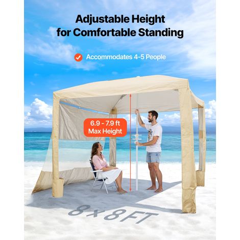 Tonnelle de Plage 2,4 x 2,4 m, Abri de Plage avec Parois Latérales et Poches à Sable, Tente Portable pour Camping Extérieur, Protection UPF 50+, Hauteur Réglable, Espace Ombragé Spacieux, Kaki (1/5)