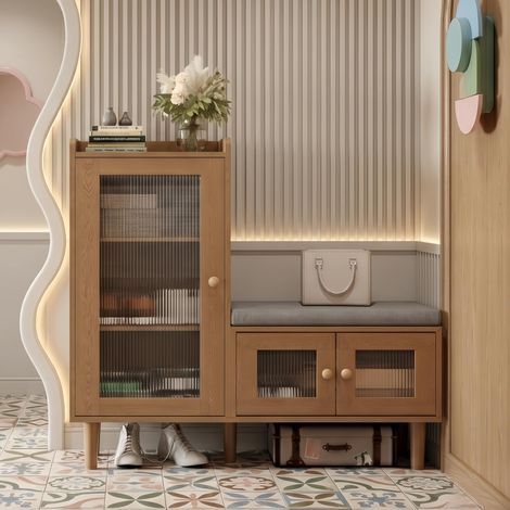 Meuble à Chaussures Scandinave en Bois avec Portes en Verre - 3 Compartiments, Étagères Réglables et Niche Ouverte - dispositif anti-basculement - Naturel