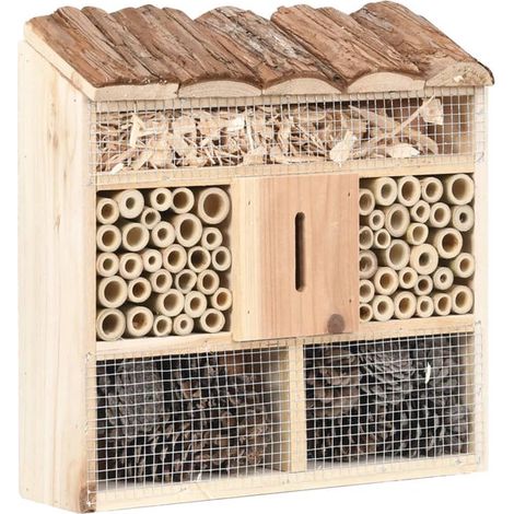 Hôtel à insectes 30 x 10 x 30 cm en bois de pin massif, avec bambou et pommes de pin, abri pour abeilles, papillons et coccinelles (1/5)