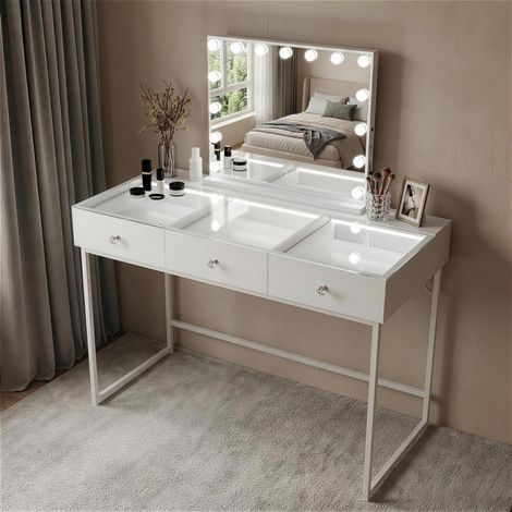 FENCHILIN Coiffeuse avec Miroir LED 3 Tiroirs Blanc 130 x 55 x 127 cm