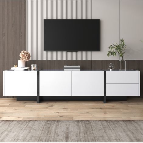 Mobile TV in truciolare bianco lucido e nero, 190 x 35 x 45 cm, con 3 ante, 2 cassetti e ripiani interni (1/5)