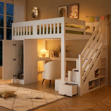 Cama alta juvenil 140 x 200 cm con escritorio, armario, escalera con almacenaje y LED, blanca (1/5)