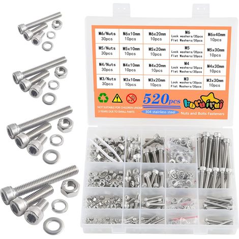 520pcs vis et écrous, acier inoxydable 304, m3 m4 m5 m6, tête cylindrique six pans creux, kit assortiment maison auto (1/5)