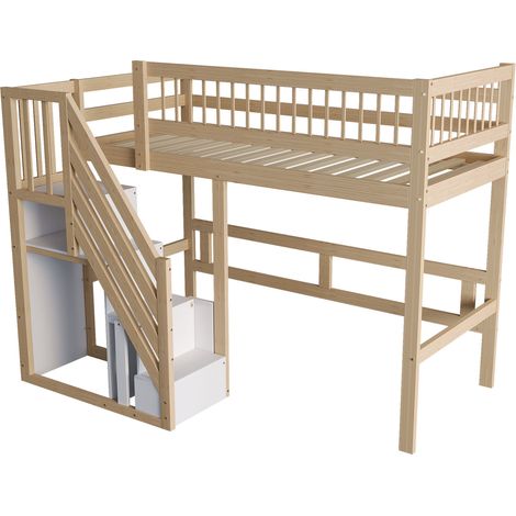 Letto a soppalco per bambini 90x200 cm in legno naturale con scale contenitore MODENUIT (1/5)