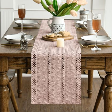 Macrame Chemin de Table Rose Boho 30 x 240 cm Centre de Table Decoration en Coton Lin Tissu Boheme Mariage Ferme Moderne Lavable Nappe Décor pour Champetre Cuisine Vacances Anniversaire Fête Rose