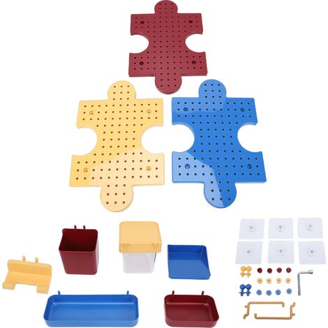 Panneau perforé mural modulable avec accessoires pour entrée - Rouge Jaune Bleu (1/5)