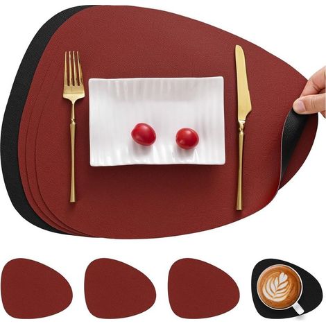 Set de Table et Dessous de Verre(Rouge Noir, Lot de 4), Set de Table Antidérapant Double Face Sets de Table Lavable Imperméables Set Table et Dessous de Verre Set Table Plastique (1/5)