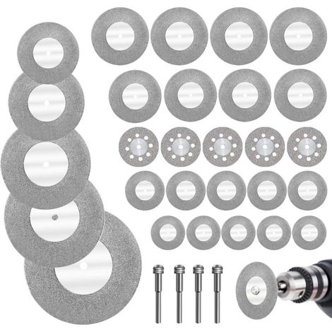 32pcs Mini Disque Diamant avec 4pcs Mandrins Disque à Tronçonner Mini Disques de Coupe pour Verre/Pièrre Précieuse/Bois/Métal/Céramique-16/20/22/25/30/40/50/60mm