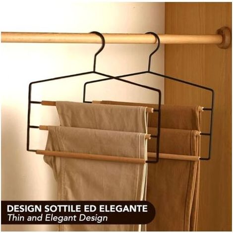 Lot de 2 Unités- Cintres pour Pantalons Multiples Multi-Niveau en Bois et Métal - Design Fin et élégant - Peu Encombrants - Cintres Multiples pour Suspendre Jeans, Jupes, Vêtements, Accessoir