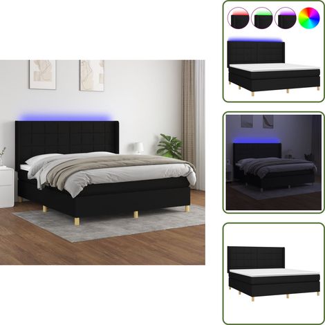 Sommier à lattes de lit matelas et LED Noir 180x200 cm Tissu - Sommier Tapissier - Lit Avec Led - Matelas À Ressorts Ensachés - Tête De Lit Réglable - Éclairage LED (1/5)