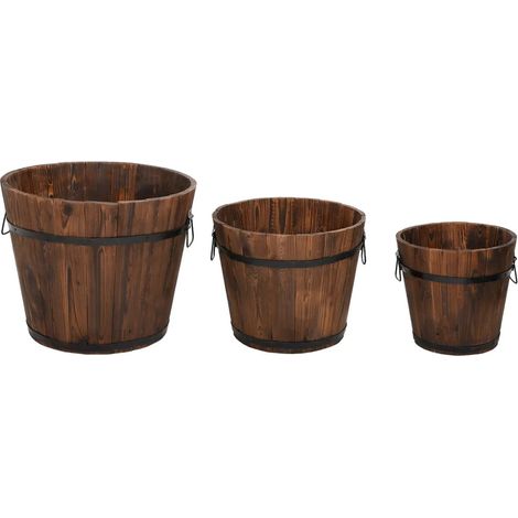 Lote de 3 jardineras en forma de cubo de madera maciza de abeto con asa de metal para plantas y flores de madera quemada 020047400 (1/5)