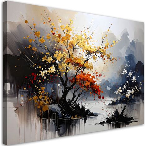 Tableaux, Paysage japonais arbres montagnes beige,30x20 (1/4)