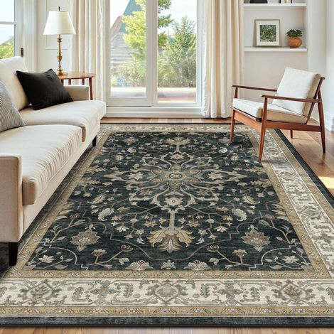 Vintage Tapis de Salon 150x210 cm Lavable Noir/Beige Tapis Salon, Tapis Chambre, Lavable en Machine, Vintage, Boho, Rétro, Antidérapant, Cuisine, Salle à Manger, Douce, OEKO (1/5)