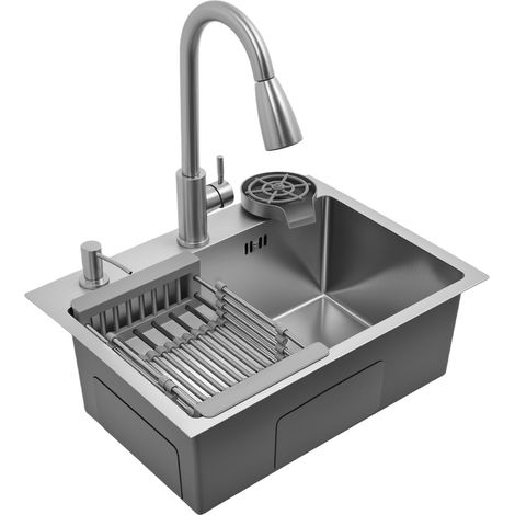 Évier de cuisine 55 x 40 cm, évier simple en acier inoxydable, plan de travail multifonctionnel à encastrer, avec robinet à ressort rabattable, lave-tasses et distributeur de savon (1/5)