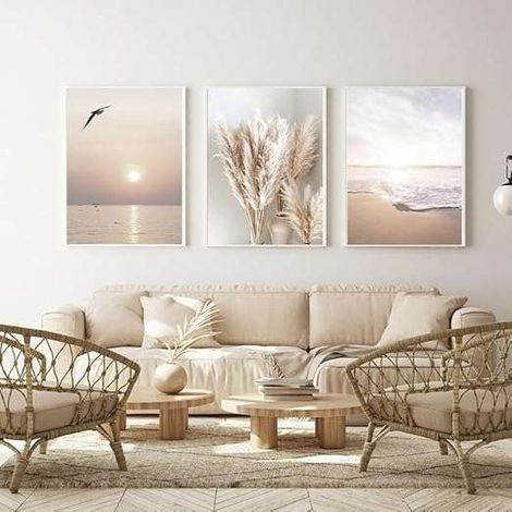 Póster decorativo para pared sobre lienzo sin marco, 3 láminas de 60x90 cm con motivos vegetales de playa.