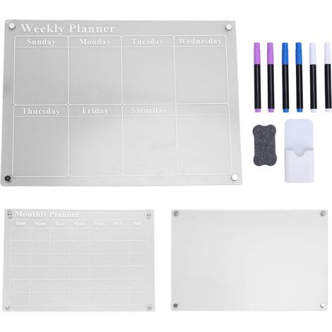 Lot de 3 tableaux planning acrylique transparent effaçable à sec vide hebdomadaire mensuel avec 6 feutres 40x30 cm (1/5)
