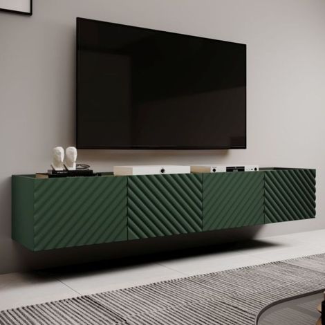 Meuble TV suspendu vert et bois 200 cm 4 portes Emile (1/4)