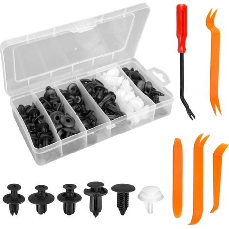 Kit De Clips de Fixation pour Voiture,Rivet Clips Plastique Trousse 6 Tailles 100 Pièces Universel Rivets Fixation de Protection et 5 Outils de Démontage de Vis de Voiture,Pour La Plupart Des ModèLes (1/5)