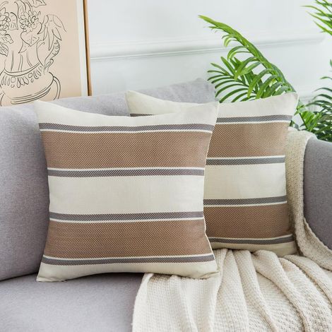 Housse de Coussin Rayures 45x45cm, Lot de 2 Moderne Bohème Décoratif Housse Coussin Taie d'oreiller Carré Canapé en Lin pour Canapé Lit Chambre Chaise Jardin Décoration Marron (1/5)