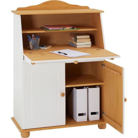 Idimex – Bureau assis debout en pin massif – Dimensions 117 x 82 x 38 cm – Tablette rabattable et étagères réglables – Couleur blanc/brun