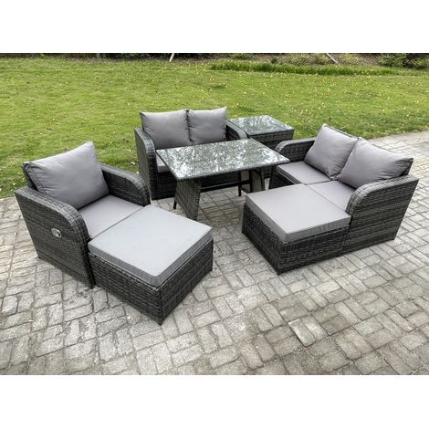 Fimous 7 Seater Outdoor Garden Dining Sets Rattan Furniture With Dining Table Armchairs Love Sofa 2 Big Footstool Side Table Dark Grey Mixed