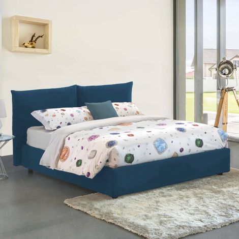 Dmora - Doppelbett Dbrekal, Containerbett mit Stoffbespannung, 100% Made in Italy, Frontöffnung, inklusive Matratze 160x190 cm, Blau (1/5)