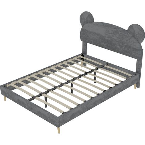 Letto imbottito grigio 140x200 cm con testiera a orso, struttura in metallo e legno, per cameretta (1/5)