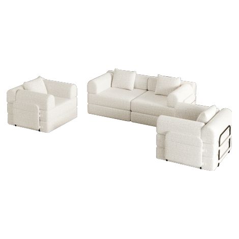Canapé-lit 2-en-1 en chenille avec rangements dans les accoudoirs, trois cadres métalliques et multiples options de configuration. (1/5)
