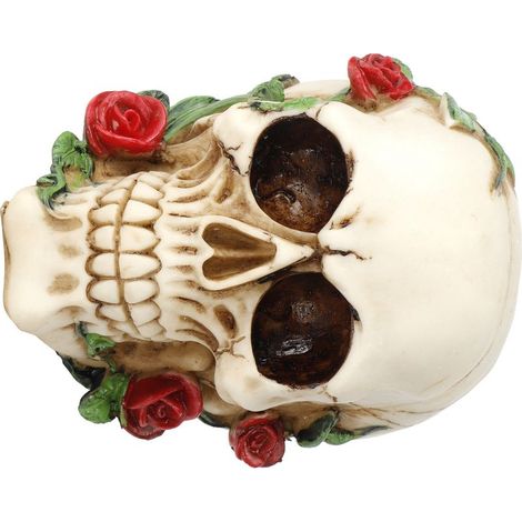 Furchterregender Totenkopf aus Kunstharz, verziert mit einer Rose, festliche Dekoration für Halloween. (1/5)
