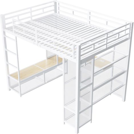 Lit mezzanine métallique 140 x 200 cm blanc avec bureau, étagères, rangement et LED (1/5)