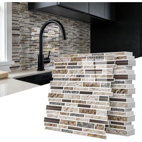 Carrelage Adhésif Cuisine 30x30 cm, Lot de 10 Carreaux Muraux PVC Effet Marbre, Crédence pour Cuisine et Salle de Bain Marbre Café Foncé (1/5)