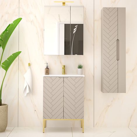 Ensemble meuble simple vasque encastrée 60cm 2 portes sur pieds et colonne Daria Cachemire