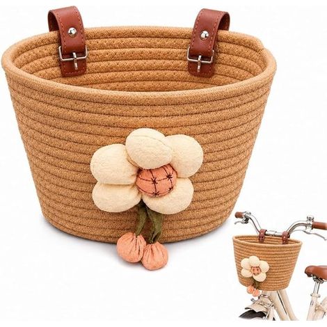 Panier de vélo pour enfant - Panier en corde de coton tressée à la main - Accessoire de vélo - Décoré de motifs floraux - 15,5 x 14,5 x 19,5 cm - Convient aux vélos de filles, tricycles, draisiennes, (1/5)