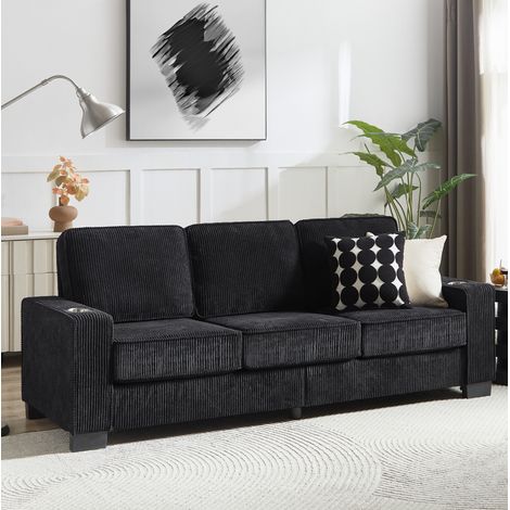 Sofa 206 cm in Schwarz aus Cord mit Getränkehaltern, modernes Design und hoher Komfort (1/5)