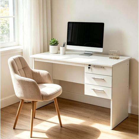 Escritorio de madera blanco 120 x 60 x 75 cm, 3 cajones, 1 con cerradura, carga 35 kg (1/5)