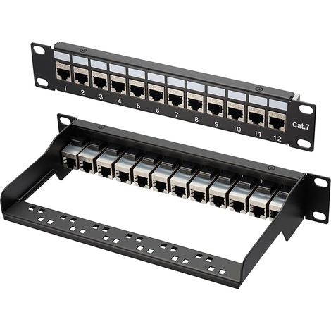 Panneau de brassage Cat 7, 1U 12 ports, panneau de brassage Keystone 10 pouces, panneau de distribution LSA, coupleur Keystone blindé RJ45, compatible avec les câbles réseau Cat 7/6A/6/5e et Cat5, pou