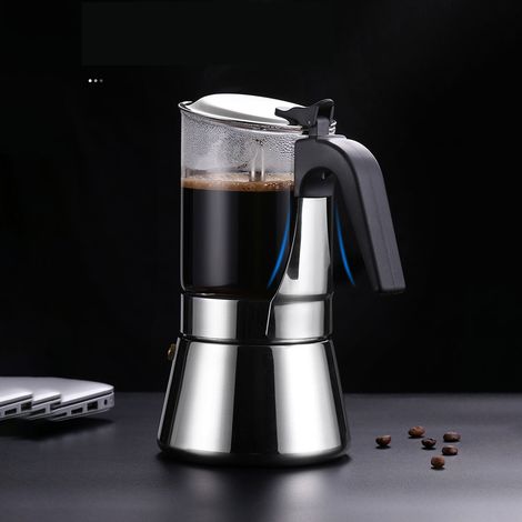 Visuelle 4-Tassen-Kaffeemaschine, italienische Moka-Kanne, Kaffeebereiter aus schwarzem Edelstahl mit Brühfunktion (1/5)