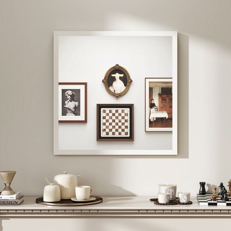 Specchio da parete quadrato 50 x 50 cm, con cornice in legno bianco, ideale per bagno, soggiorno o camera da letto.