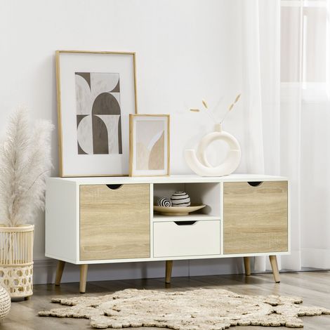 Meuble Tv Tiroir Portes Téléviseurs Jusqu 50 Mobilier Intérieur Bois Blanc Naturel 110x40x50cm