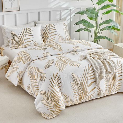 Ensemble de literie 240x220cm avec motif de feuilles, 3 pièces, microfibre, blanc/or