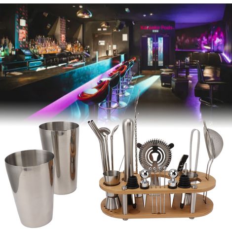 Ensemble de 23 pièces comprenant un support ovale en bambou, des outils de bar Boston, des verres à cocktail en acier inoxydable et un ensemble de mélangeurs pour bar. (1/5)